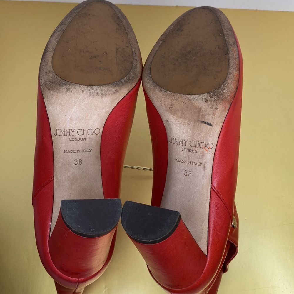 Jimmy Choo Boots Dayno Leather Mid Calf Vibrant Red Gold Button Closure Boots - Picture 3 of 16